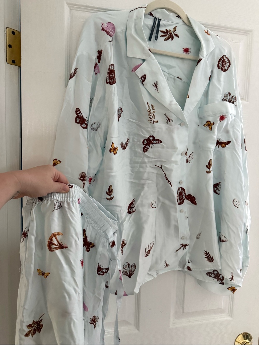 Anthropologie Pastel Blue Butterfly, Floral, Shell Print Silky Pajama Set